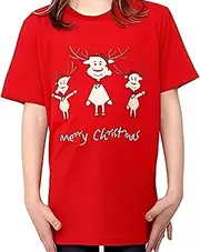 [FIL] Kids Christmas T Shirt 100% Cotton Xmas Tee Boys Girls Red White Tshirt [Design: Merry Christmas - Reindeers] [Size: M (for Age 4-6)]