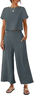 [ZESICA] Women's 2 Piece Outfits Linen Short Sleeve Crop Top and High Waist Pants Lounge Matching Set 2024 Trendy Clothes