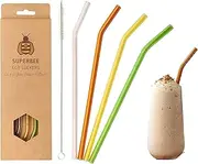 SuperBee Glass Straw Set with Case & Cleaning Brush - Bent Glass Straws for Drinks - 100% Vegan & Cruelty Free - reusable drinking straws pack of 4 straws