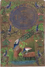Indian Blue Green Feather Peacock Painting Handmade Stamp Paper Nature Bird Art