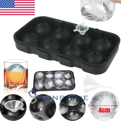 Black Round Silicone Ice Cube Ball Maker Tray 8-Grids Sphere Molds Bar w/ Funnel