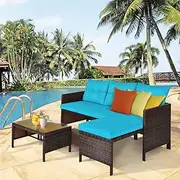 Renatone 3 Pieces Outdoor Patio Furniture, Wicker Patio Conversation Set with L-shape Sofa, Soft Cushions, Glass Tables, Sectional Small Patio Furniture Set, Porch, Backyard, Balcony Decor (Turquoise)