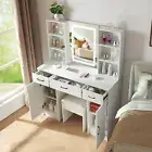 Large Vanity Dressing Table with LED Light Mirror 3 Drawers Table w/ Stool White