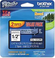Brother TZE1312PK TZe Standard Adhesive Laminated Labeling Tapes, 1/2-Inch w, Black on Clear, 2/Pack