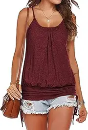 [Hongqizo] Spaghetti Strap Sleeveless Lace Up Elastic Waist Pleated Women Summer Camisole Casual Loose Regular Tank Top