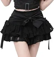 [RILGOU] Y2K Grunge Gothic Kawaii Fashion Casual Elastic A-Line Waist Bows Trim Black Lace Tiered Pleated Short Skirt