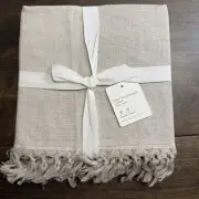 POTTERY BARN FRINGE KNOTTED LINEN TABLE THROW 50" x 50" ~ FLAX