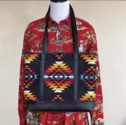 PENDLETON Colorful Wool Indian Blanket & Leather Tote Bag Black Leather Double S