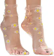 [AVIAN LEGS] Deep Peach Translucent Daisy Socks Women Fashion Sheer Socks - See Through Mesh Socks for Women - Floral Tulle Socks, Peach, 5-8