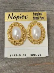 Vintage NAPIER Faux Pearl Cabochon Gold Tone Pierced Earrings NWT Orig Price $20