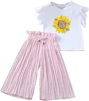 [Generic] Summer New (4 14Y) Girls Letter Flying Sleeve Top Ten Wide Leg Pants Two Set 3 Month Baby Swing 2PC Set (PK2, 11-12 Years)