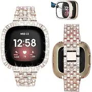 Smart Watch Band Compatible with Fitbit Versa 3 / Sense / Versa 4 /Sense 2 Bling Diamond Metal Strap Replacement with Screen Protector Case Cover for Fitbit Ve