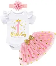 [GRNSHTS] Baby Girl First Birthday Outfit Smash Cake Outfit My 1st Birthday Romper+Tutu Skirt+Headband Onederland Outfit