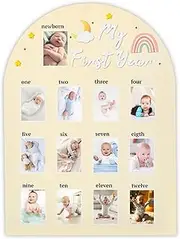 My First Year Photo Board - Wooden Photo Board Display My First Year Milestone Picture Frame, One Year Of Baby Photo Board, 12 Months Neutral Baby Keepsake Board, First Birthday Gifts Nursery Decor