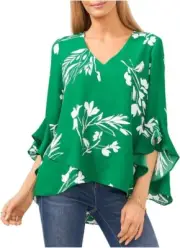 VINCE CAMUTO Flutter Sleeve Floral Whisps V-neck Tunic In Rich Meadow SIZE S