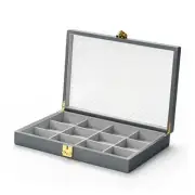 Grey Premium Leather Jewelry Storage Box with Striped Lid Bracelet 12 Grid