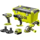 3 Piece RYOBI ONE+ 18V Cordless DRILL IMPACT DRIVER ANGLE GRINDER Combo Kit Box