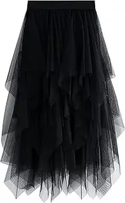 [Bowanadacles] Women Mesh Tutu Skirt Layered Tulle Elastic High Waist Skirt Fluffy Irregular Hem Pleated A-line Midi Skirt