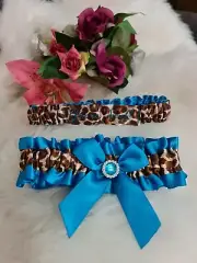 Wedding Garter set blue and leopard print you're next crystal something blue