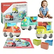 EFUQAN Dinosaur STEM Toy Truck - 12 Shape Sorting Blocks for Toddlers, Build & Drive Educational Vehicle Puzzle with Safe ABS Plastic, Montessori Skill Development Ages 3-5