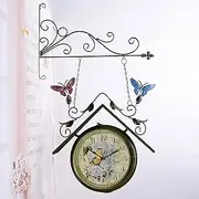Outdoor Garden Double Sided Butterfly Wall Clock, Retro Metal Silent Station Clock, Battery Operated Decorative Antique Hanging Clock for Indoor Outdoor and Courtyard Garden,Green