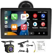 Portable Wireless Apple CarPlay and Android Auto Car Radio Stereo with with Backup Camera and DVR, 9" Touchscreen Monitor Bluetooth Car Stereo Support Mirror Link/FM/AUX Transmitter for 12V-24V Car