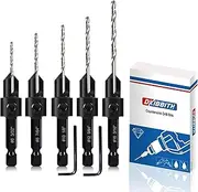 5-pc Countersink Drill Bit Set, 3in1 Woodworking Counterbore Hole Drill Bits for #6 8 10 12 16 Screws, Depth Adjustable M2 Pilot Drill Bits, 82-Degree Chamfer, 1/4” Hex Shank, 2 Allen Wrench