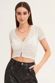Polka Dot Mesh Short Sleeve V Neck Ruched Top - Size S, Women's Top