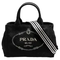 在飛比找Yahoo奇摩購物中心優惠-PRADA CANAPA金色三角LOGO帆布縫線造型條紋背帶