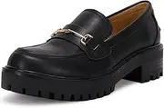 [VETASTE] Womens Lug Sole Platform Mid Chunky Heel Loafers Classic Round Toe Slip On Office Uniform Oxfords Shoes with Metal Chain