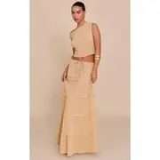 Sand Cheesecloth Floaty Drawstring Maxi Skirt, Sand