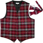 New Vesuvio Napoli Men's plaid Tuxedo Vest Waistcoat_Self Tie Bowtie Red