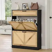 Diwnnue Wooden Shoe Storage Cabinet with 2 Rattan Flip Drawers, Farmhouse Freestanding Organizer for Hallway, Entryway, Foyer, Narrow Shoe Rack Cabinet, Black