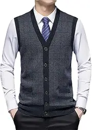 [Generic] Men Top Thick Knit Vest Sleeveless Jacket Buttons Down Cardigan Plaids Retro Cardigan Sweater Vest