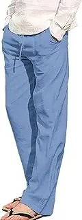 [Generic] Men's Loose Linen Pajamas Pants Casual Lightweight Elastic Waist Yoga Pant Relaxed Open Button Mens Beach Trousers, Blue 1, Small