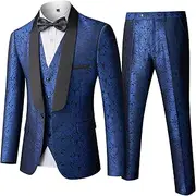 [Hihawk] Men's Floral Suit Set, 3 Piece Paisley Slim Fit, Jacket Vest and Pants with Bow Tie for Wedding Dinner Prom Party