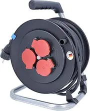 as - Schwabe 10116 DIY Cable Reel, 25 m H05RR-F 3G1.5 Cable 230 V / 16 A, with 3 Red Protective Contact Sockets Including Hinged Lid and Thermal Circuit Breaker, IP44, Made in Germany, Black