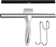 Shower Squeegee Stainless Steel with Shower Door Hook and Adhesive Hook Glass Squeegee Bathroom for Doors, Bathroom, Windows, Kitchen, Mirror with Spare Silicone Blade 2 Hooks (14 Inch, Silver)