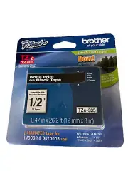 Genuine Brother TZe335, 12mm 1/2",White on Black - P-Touch, TZ tape, New