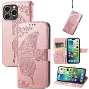 For iPhone 15 Pro Case, Butterfly Emboss PU Leather Wallet Cover, Rose Gold