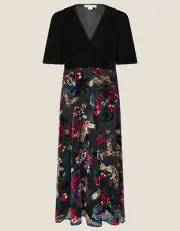 NWT Monsoon London Womens Carena Crane Devore Velvet Midi Dress Black Size 14