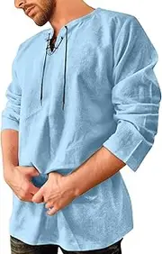 2025 Linen Shirt for Men Lace-Up V Neck Pirate Shirts Medieval Renaissance Long Sleeve Casual Tees Shirt Tops, A03-light Blue, Large, A03-light Blue, Large