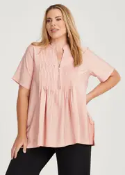 [TS] Taking Shape Zoe Zip Neck Pintuck Natural Top Size 16 in Powder, Viscose - Plus Size Women's Tops & T Shirts Powder