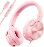Cowyawn USB C Headphones Wired, Over Ear Headphones with Microphone, Volume Control, HD Stereo Sound, Foldable Lightweight Headphones for Adult/Teens/Chromebooks/Laptop/Computer/Tablets/Travel (Pink)