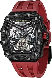 [TSAR BOMBA] Watch for Men, 50M Waterproof Mens Watches, Skeleton Mechanical Fashion Big Face Dial Black Watch with Silicone Watch Bands, Gifts for Men