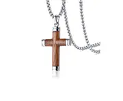 Titanium Steel Crucifix Cross Pendant Neckalce With Wood Inlay - Pendant+Necklace