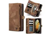 CaseMe For Samsung Galaxy S21 Zipper & Detachable Retro Leather Pouch Wallet Flip Purse Bag Detachable Phone Case Cover (Brown)