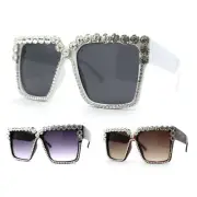 Womens Heavy Bejeweled Rhinestone Square Horn Rectangle Sunglasses