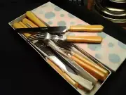 Vtg Butterscotch Bakelite Knives and Forks Chrome Plated and Stainless Steel,12
