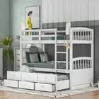 Twin over Twin Wood Bunk Bed Frame with Trundle & Drawers For Bedroom Kids Gifts